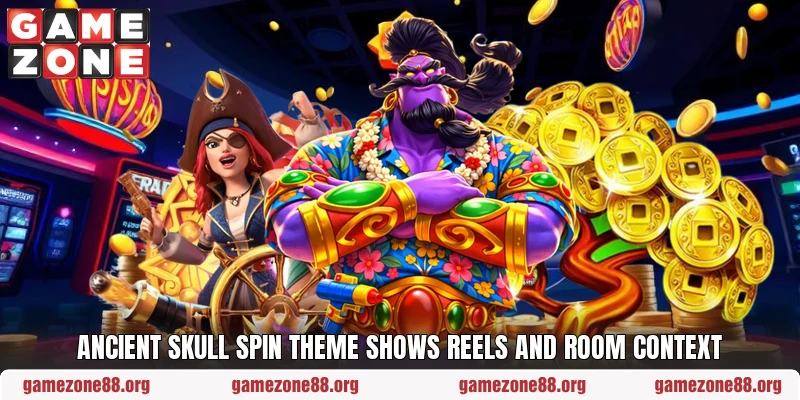Ancient Skull Spin theme shows reels and room context