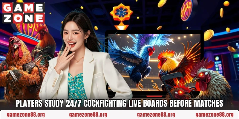 Players study 24/7 Cockfighting Live boards before matches Players study 24/7 Cockfighting Live boards before matches